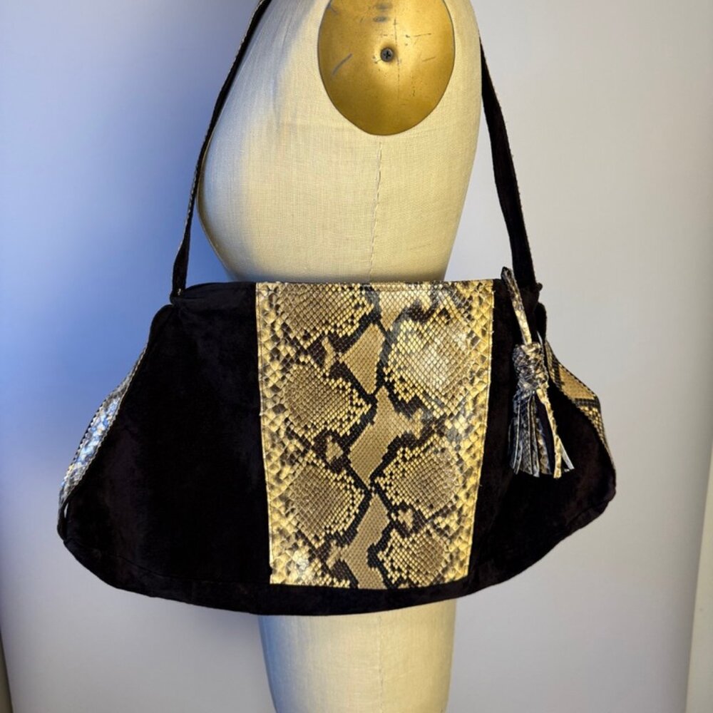 Vintage 70's Black Suede And Python East West Sho… - image 2